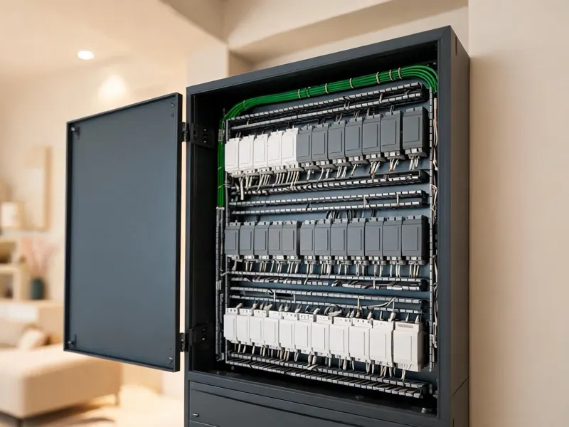 Geöffneter Verteilerschrank mit sauber verdrahteten Busgeräten (KI-generiertes Bild)